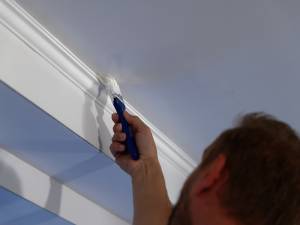 Painter applying paint to a bedroom ceiling.