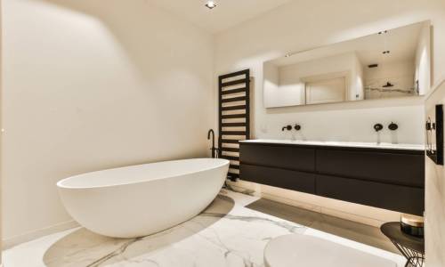Bathroom Painting Ottawa. Luxury modern home bathroom interior, newly painted, with dark cabinets and white marble.