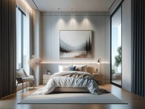 Bedroom Painting In Ottawa. Primary bedroom with a neutral colour scheme and coordinated furnishings.